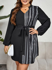 Geometric Print Lantern Sleeve Dress With Belt