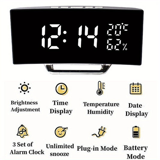 Curved Screen Digital Alarm Clock Temperature Humidity 3 Alarms Unlimited Snooze