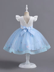 Girls Embroidered Mesh Princess Dress Fly Sleeve Tutu Skirt