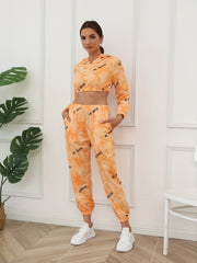 2pcs Sports Letter Graphic Hooded Crop Top & Pants Set Women's Activewear