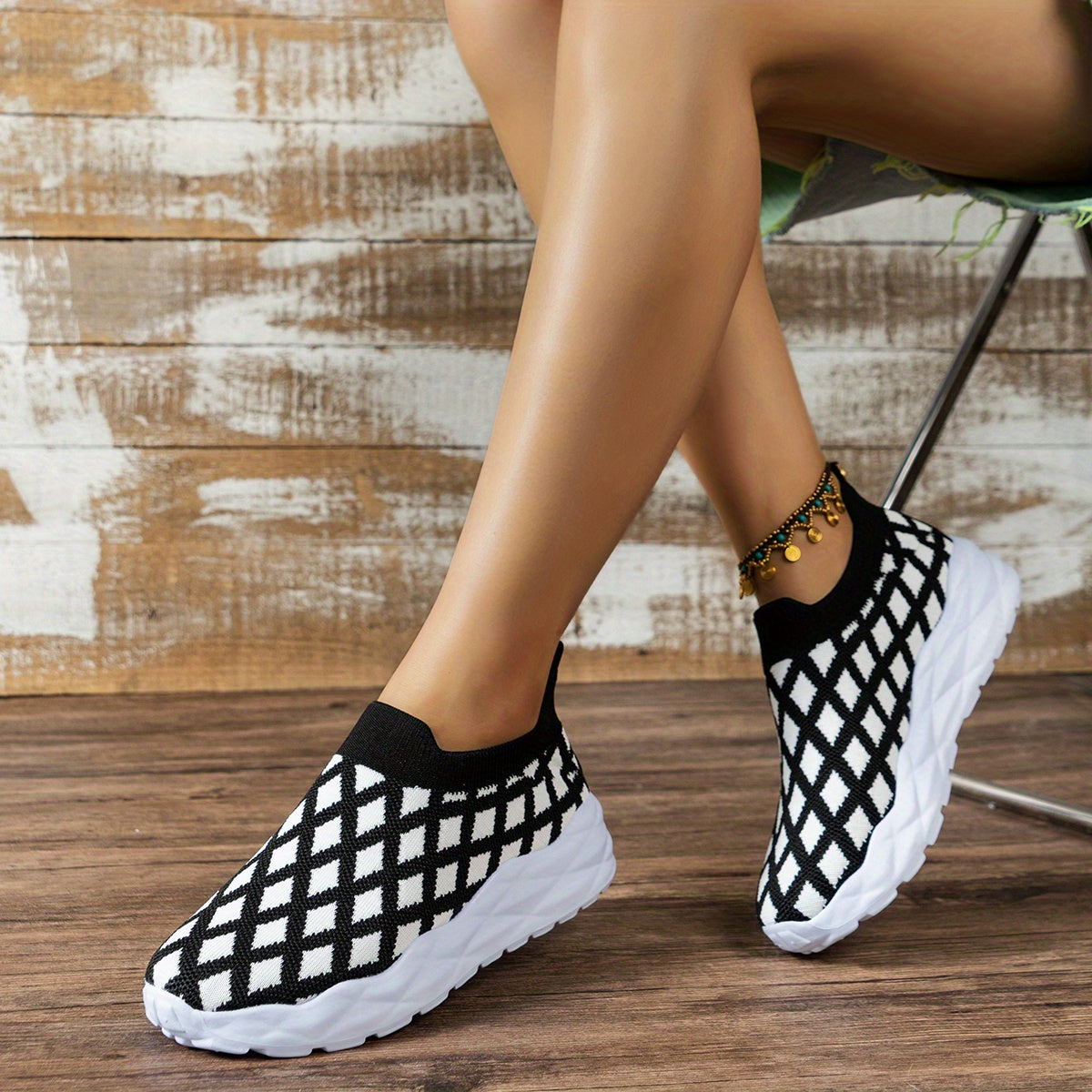 Plaid Pattern Bottom Sneakers Lightweight Breathable Sport Shoes