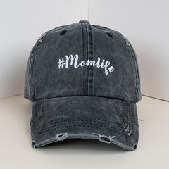 MOM LIFE Embroidery Baseball Cap Ripped Washed Ponytail Hat Sun Visor
