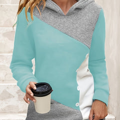 Block Button Hoodie Casual Sweatshirt Women's Clothing