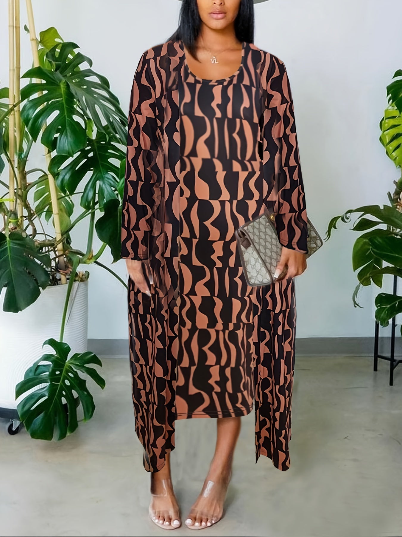 Women's Plus Geometric Print Cardigan & Tank Dress Set