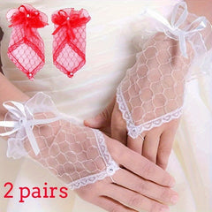 Red Lace Fingerless Bridal Gloves with Rhinestones & Bows