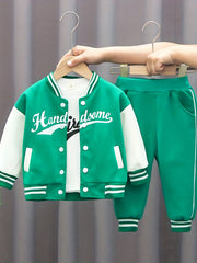3pc Boys Letter Print Baseball Suit Crew Neck Cotton Set