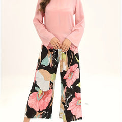 Floral Print Pajama Set Long Sleeve Top & Elastic Waistband Pants