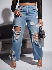 Solid Ripped High Rise Wide Leg Jeans