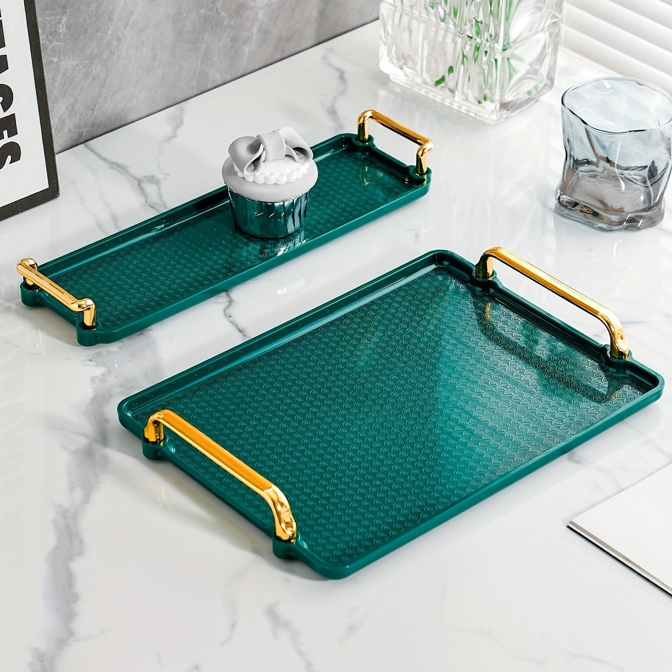 Modern Decorative Tray With Golden Handles Plastic for Home Decor