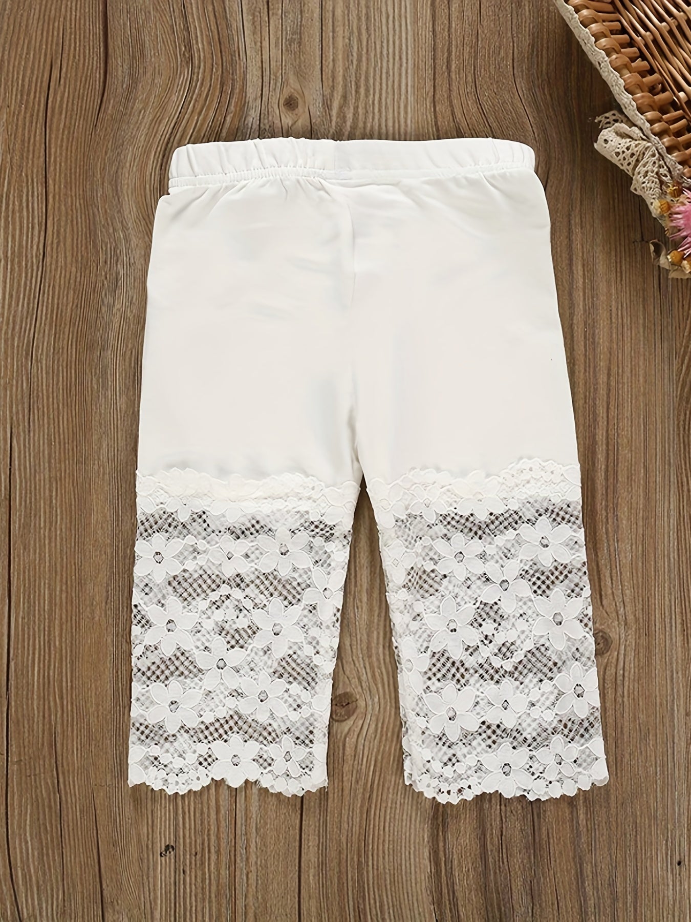 Girls Soft Cotton Leggings with Bow Flowers Lace Patchwork