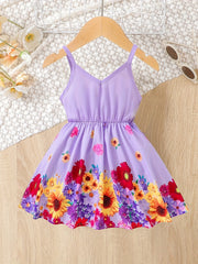 Flower Print Pleated Cami Dress for Girls