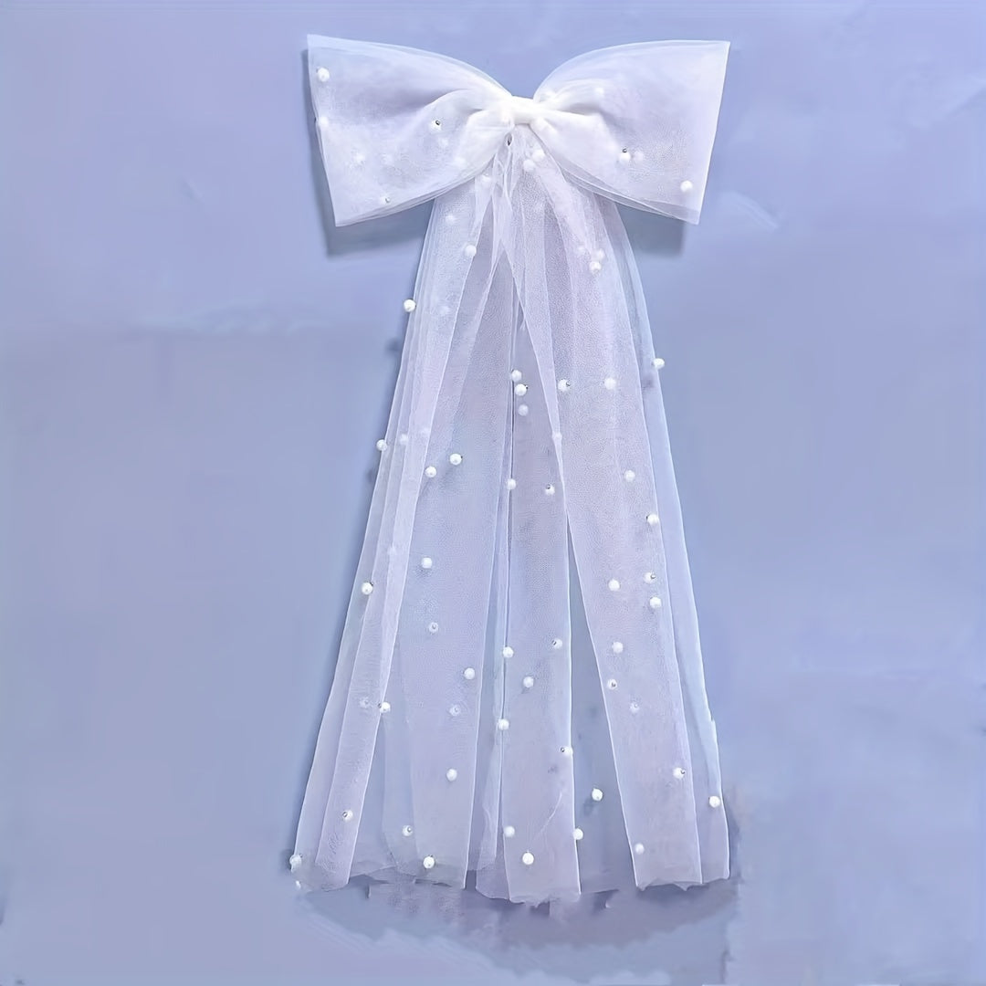 Bowknot Mesh Hair Clip with Faux Pearl Barrette for Women