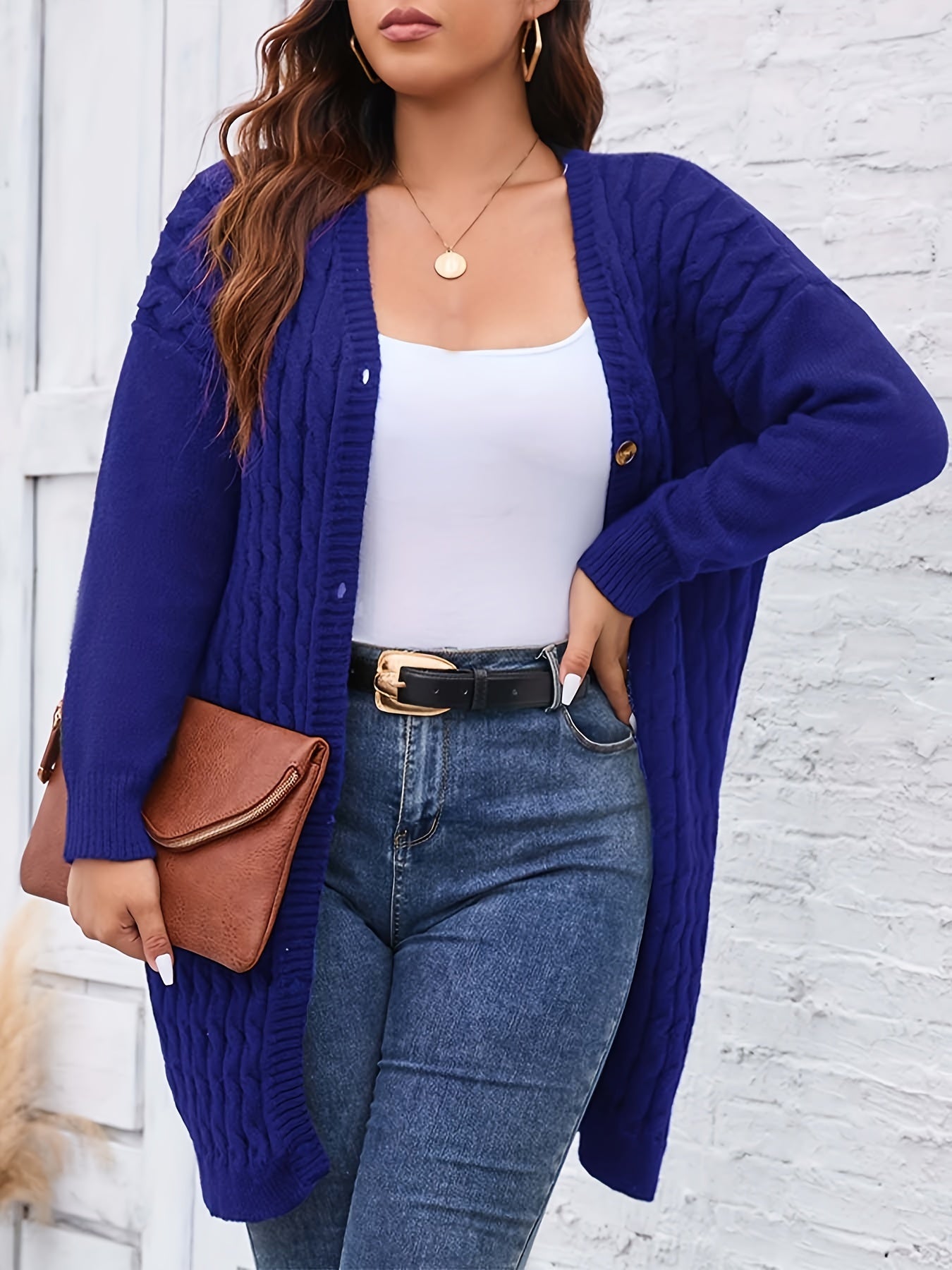 Casual Cardigan Women's Plus Twist Knitted Long Sleeve Button Up