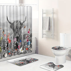 Highland Cow Shower Curtain Set with 12 Hooks and Non Slip Bathroom Rug