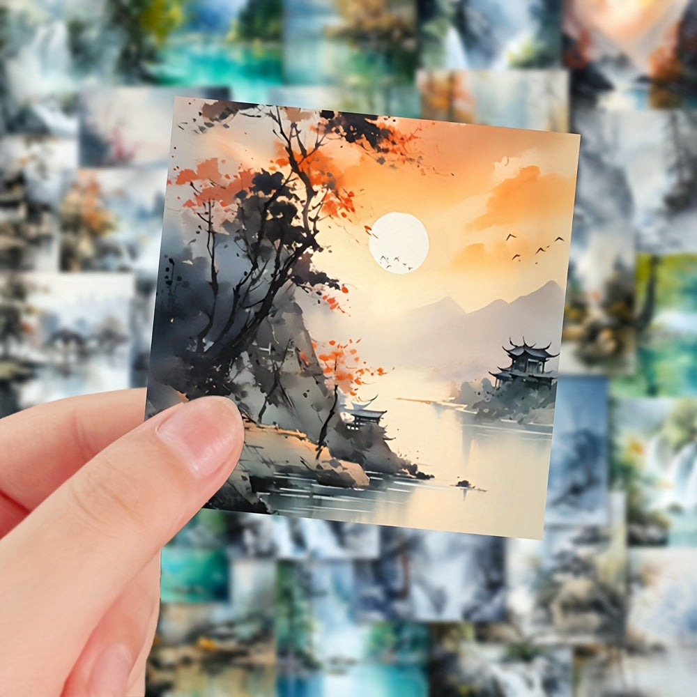 54pcs Watercolor Landscape Cartoon Stickers, Decorative Waterproof Game Stickers