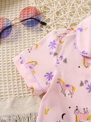 2pcs Girls Unicorn Pajama Set V-Neck Short Sleeve Top & Shorts
