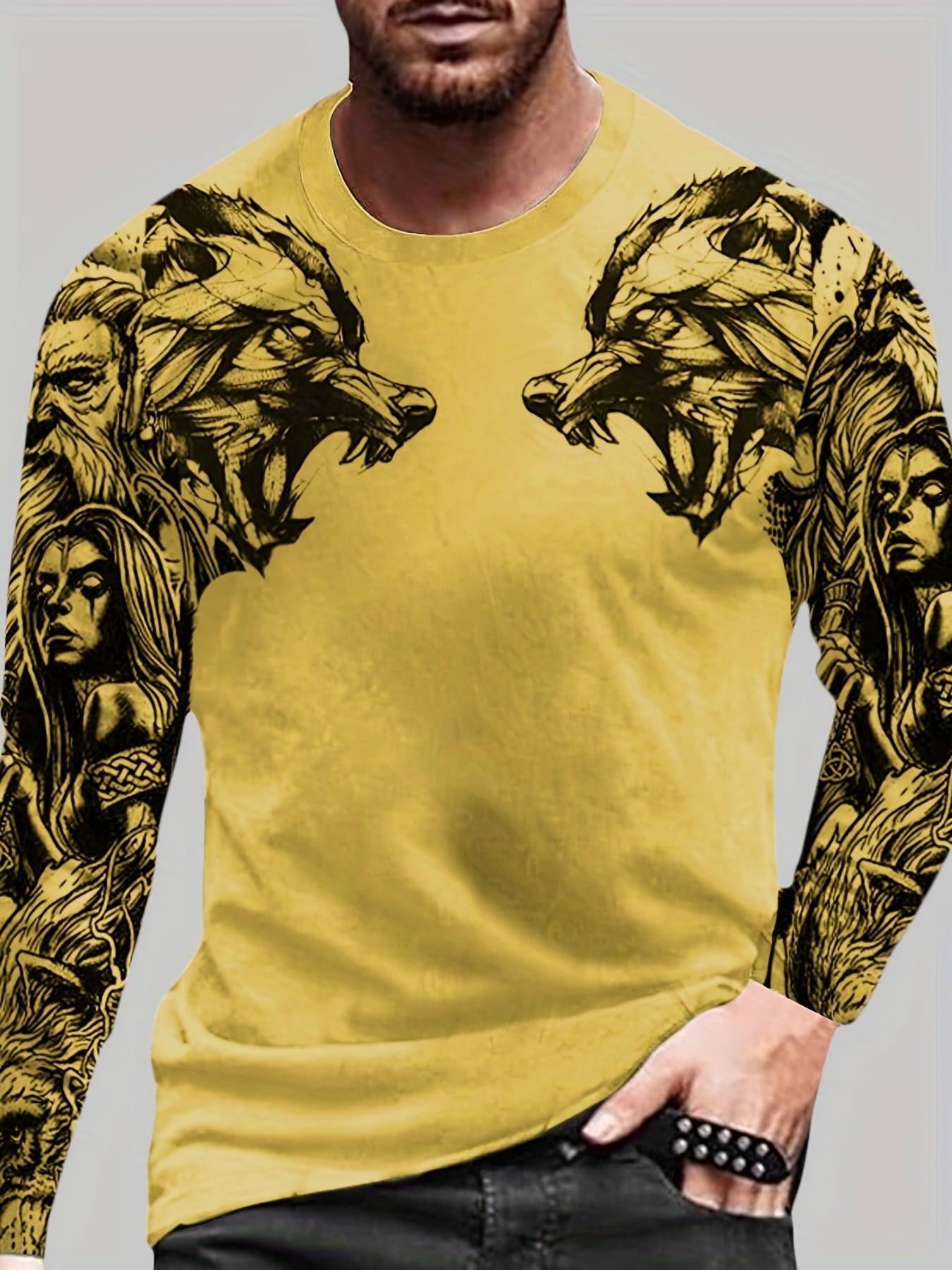 Wolf Pattern Print Men's Graphic Long Sleejson formatves Crew Neck T shirt
