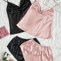 Solid Satin Pajama Set Draped Collar Cami Top & Shorts