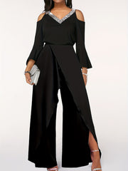 Sexy Split Wide Leg Jumpsuit Cold Shoulder High Waist