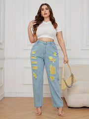 Colorblock Button Fly High Rise Ripped Jeans