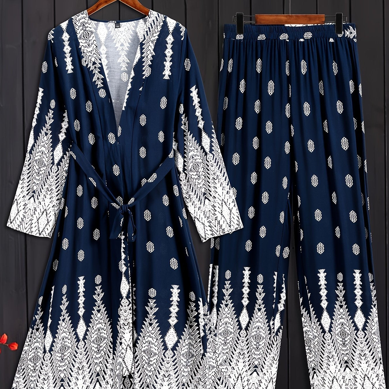 Boho Outfit Set Women's Plus Geo Print Cardigan & Pants Set