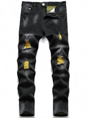 Men's Ripped Skinny Distressed Slim Jeans with Yellow Stitching