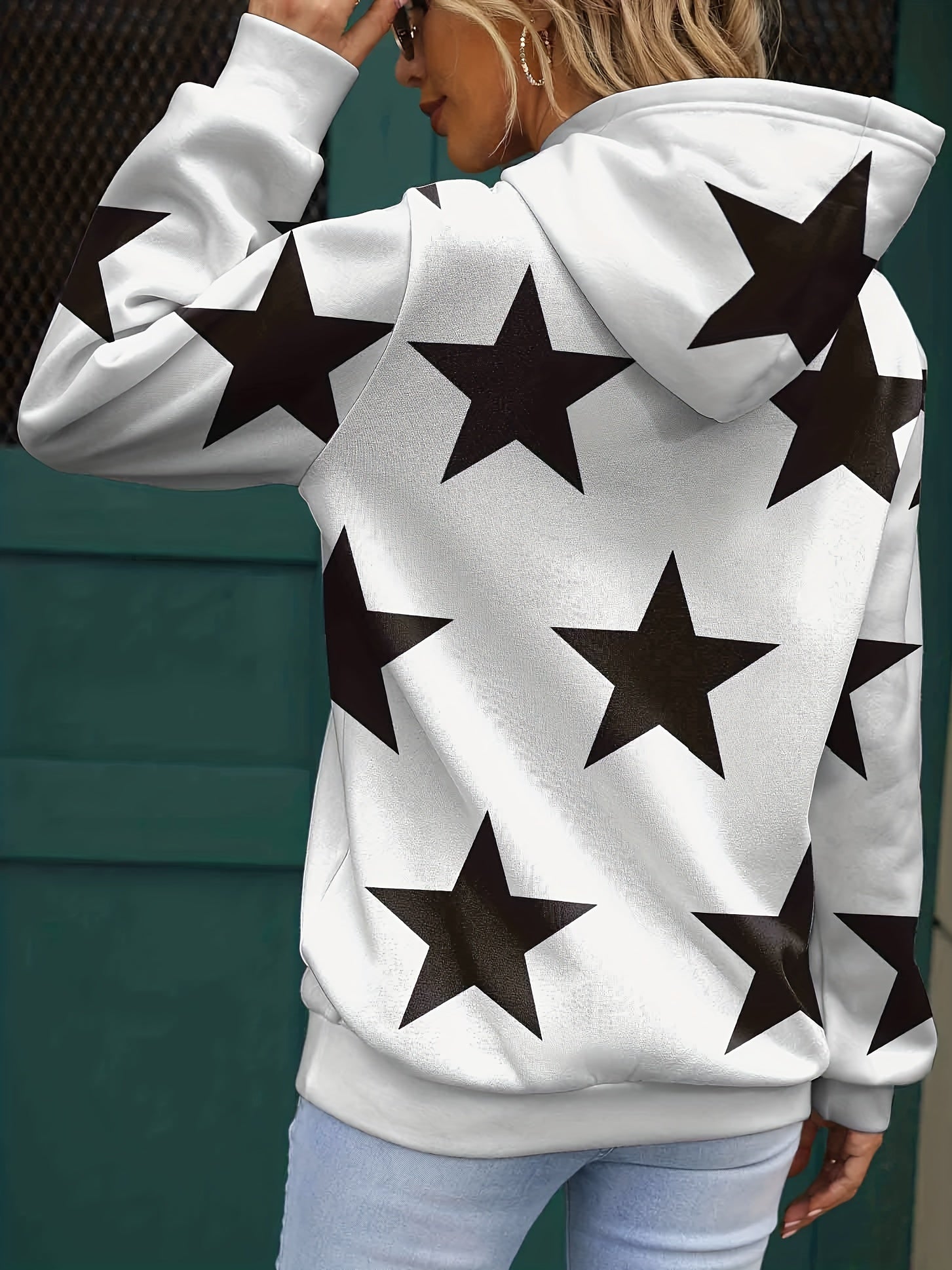 Star Print Hoodie Kangaroo Pocket Long Sleeve Sweatshirt