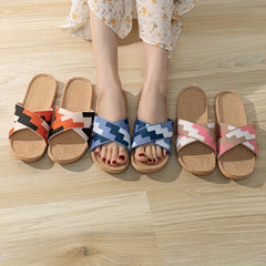 Crisscross Strap Linen Slides Colorblock Open Toe Slip On Flat Shoes