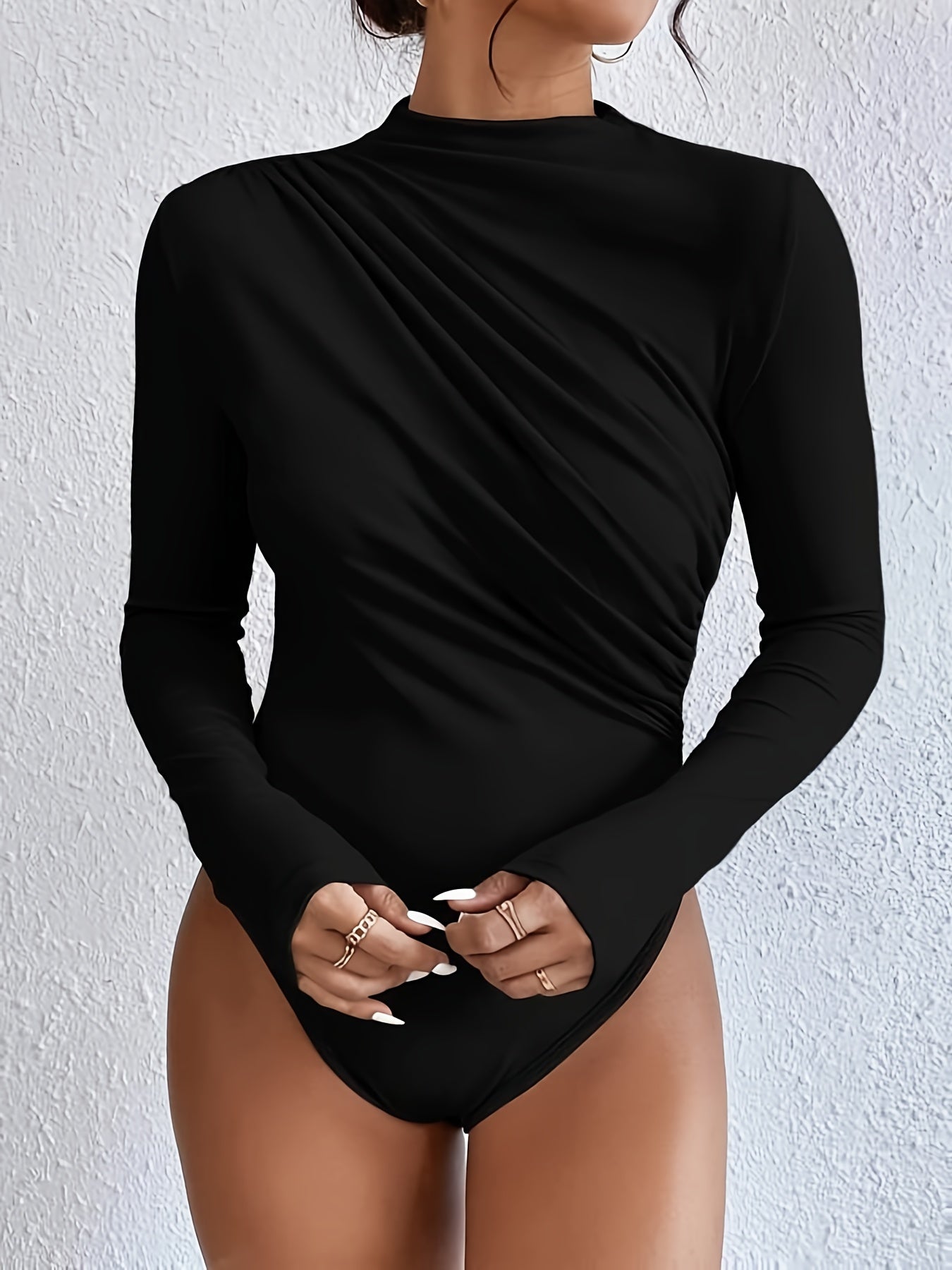 Ruched Bodysuit Mock Neck Long Sleeve Stretchy Solid Skinny One Piece