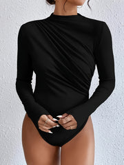 Ruched Bodysuit Mock Neck Long Sleeve Stretchy Solid Skinny One Piece