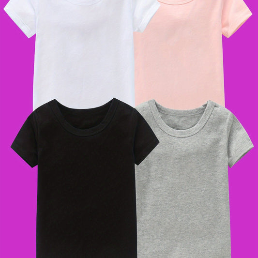 4pcs Girls 100% Cotton Crew Neck Short Sleeve T-shirt Set for Summer