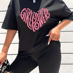 2pcs Heart Graphic Crew Neck T shirts & Solid Shorts Activewear
