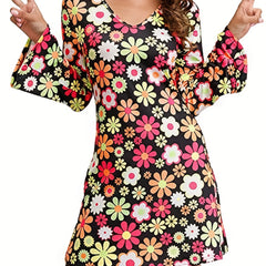 Floral Print Flared Sleeve Dress Hippie V neck Dress For Spring & Summer