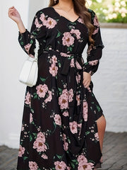 Women's Plus Floral Maxi Dress Long Sleeve V Neck Belt