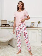 Floral Print Pajamas Set Short Sleeve Top & Lounge Pants