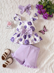 3pcs Floral Graphic Ruffle Sleeve Top & Shorts & Headband Baby Sweet Clothes