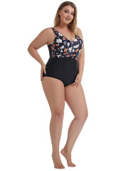 Colorblock Floral Print One Piece Swimsuit Plus Size