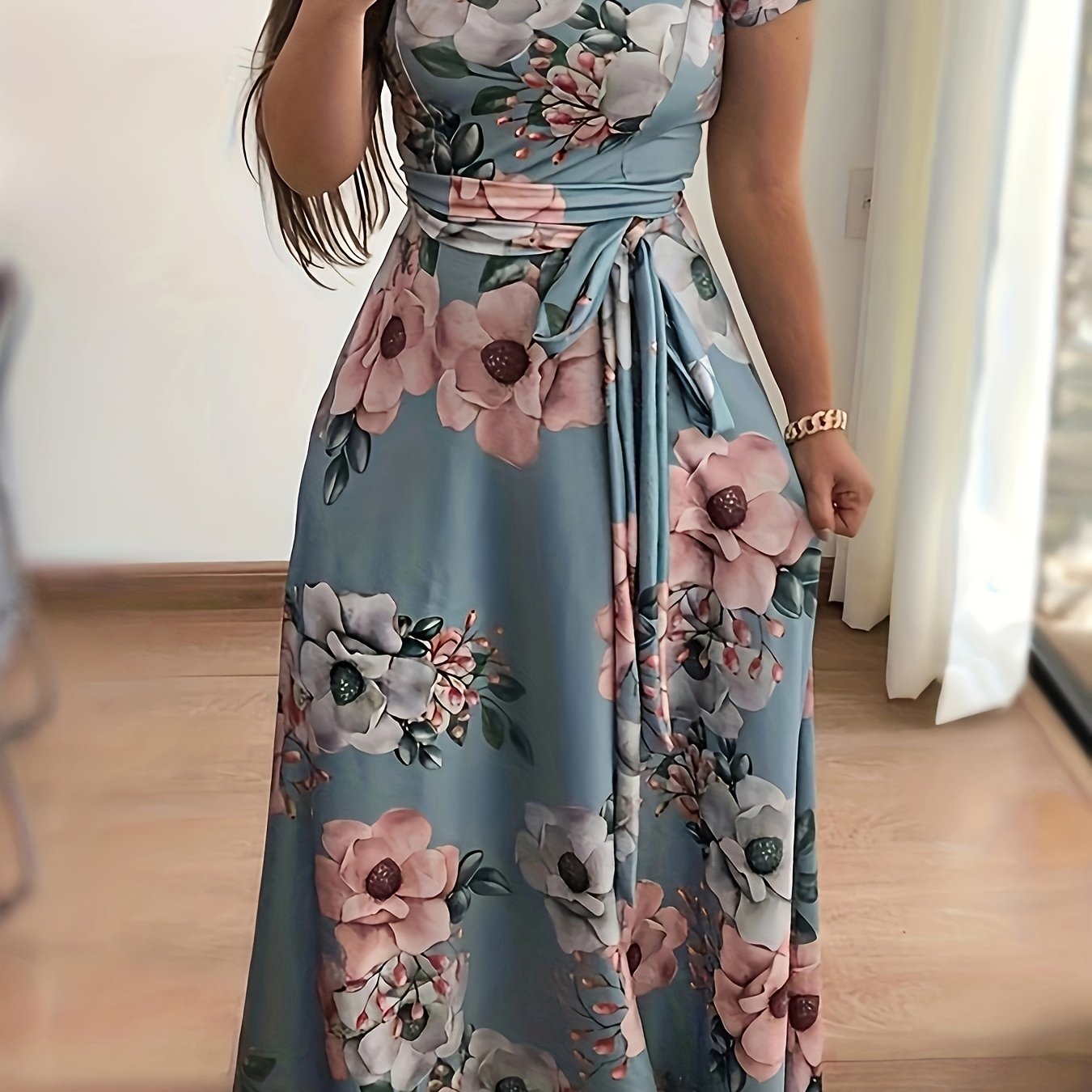 Vintage Floral Maxi Dress High Waist Short Sleeve