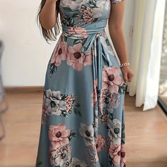 Vintage Floral Maxi Dress High Waist Short Sleeve