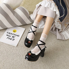 Women's Chunky Heels with Bowknot Decor, Sweet Strawberry Detail