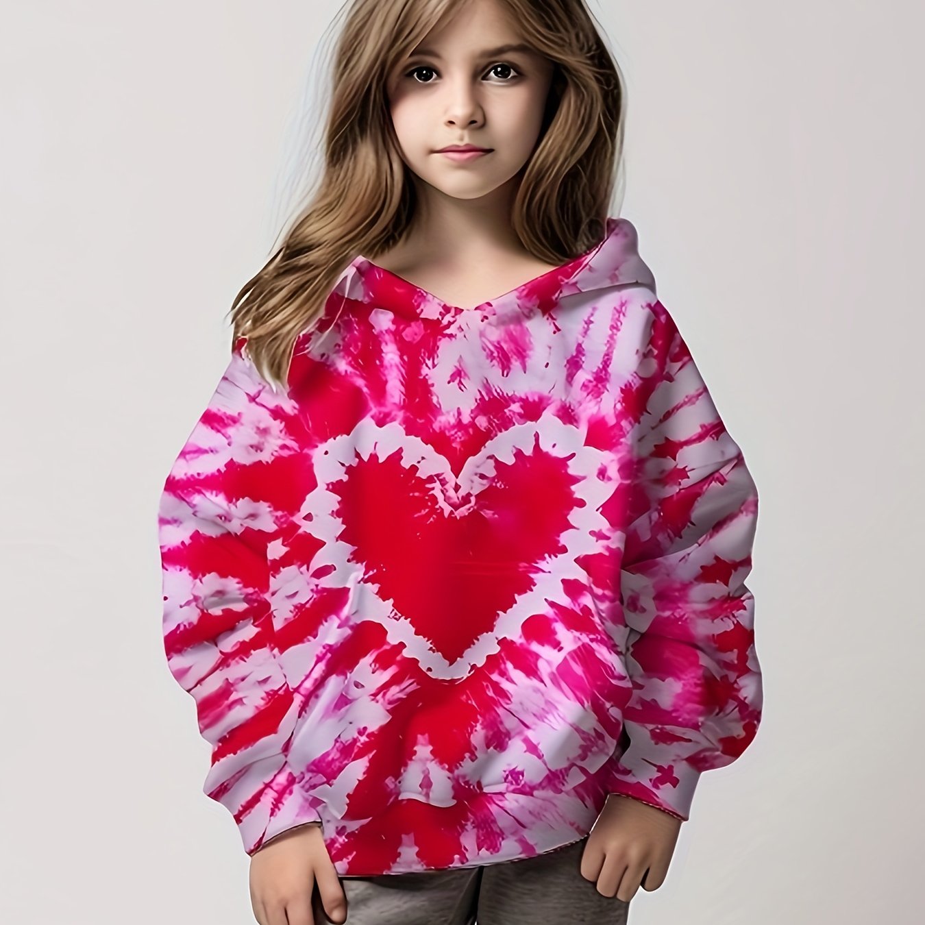 Girls Tie Dye Heart Graphic Hooded Sweatshirt Top 3D Pullover