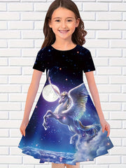 Girls Dreamy Unicorn Short Sleeve Dress 3D Print Summer Clothes Gift