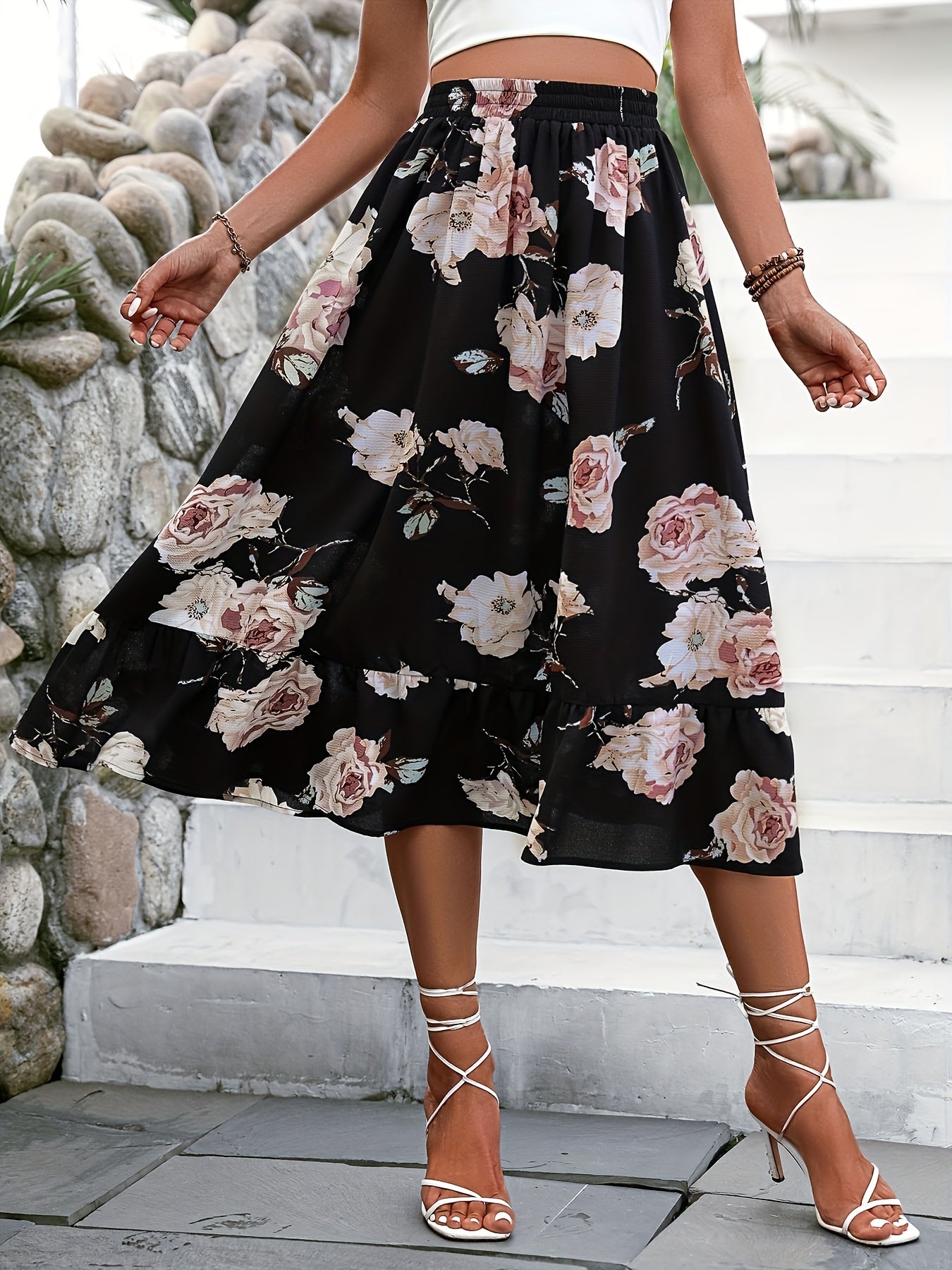 Floral Print Elastic Waist Skirt for Women