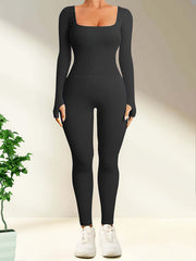 Solid Long Sleeve Sports Jumpsuit with Thumb Hole