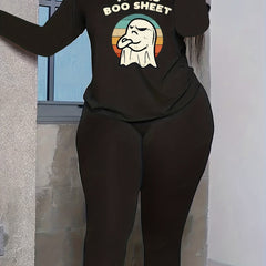 Women's Plus Ghost & Slogan Print Long Sleeve Top & Leggings Set