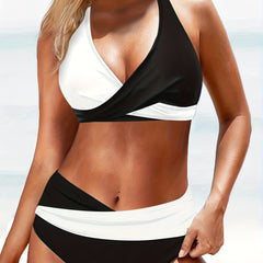 Colorblock Cross Front Halter Bikini Set