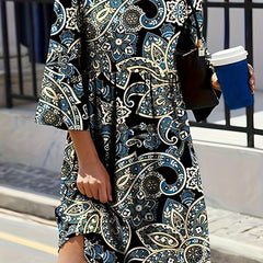 Boho Dress Women's Plus Paisley Print Three Quarter Sleeve
