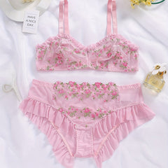 Floral Embroidered Mesh Ruffle Trim Bra & Underwear Set