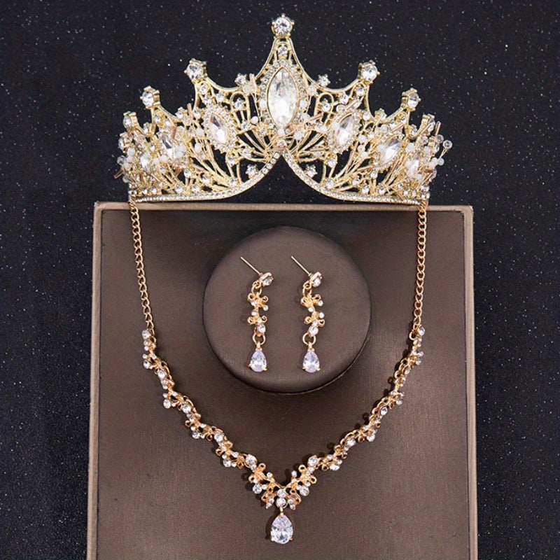 Baroque Crystal Bridal Head Jewelry Set - Tiara Crown Earring Necklace