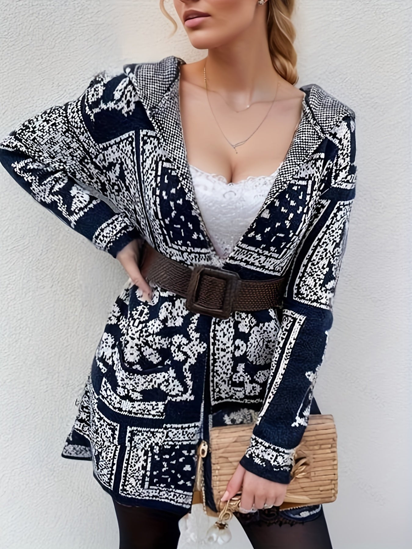 Graphic Print Open Front Hooded Cardigan